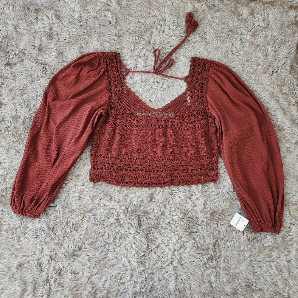 Free People Cynthia Crochet Crop Top Brick Red‎ Women's Size Large